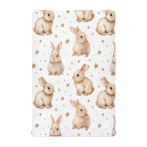 Image of Caikeny Fitted Crib Sheet for Boys Girls Watercolor Rabbits Baby Crib Sheets Star Bunny Bassinet Sheets Crib Mattress Bed Sheets for Toddler Newborn Infant 52 X 28 in