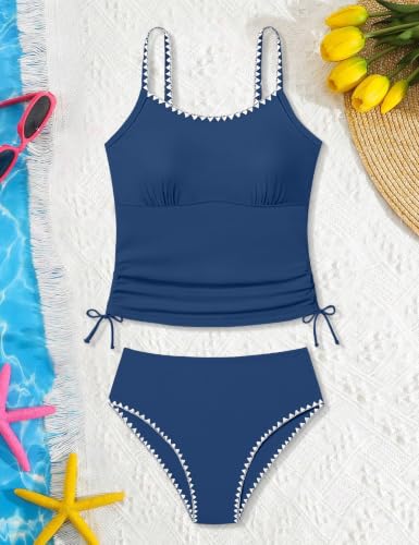 Image of Girls Swimsuit Solid Color Tankini Contrast Trim Swimwear 2 Piece Bathing Suit Padded Swimsuits for Teens 9-16Y
