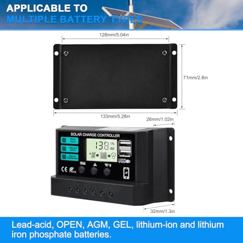 2 Boîtes 30A Contrôleur de charge de la batterie solaire 12V 24V PWM Chargeur Régulateur Intelligent Auto avec Dual USB Ports/LCD Affichage/Paramètre réglable/Détermination du minuteur/Modes de charge multiples et protections Noir