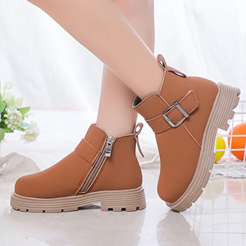 Girls Ankle Boots Scrub Leather Buckle 𝐖aterproof 𝐂ombat Shoes with Side Zipper for Toddler/Little Kid/Big Kid2
