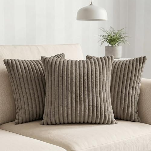 Image of Yellow Weaves Pencil-Stripe Fur Cushion Covers | Soft Polyester | Decorative Sofa & Throw Pillow Covers | 16x16 Inches, Pack of 3 (Mouse)
