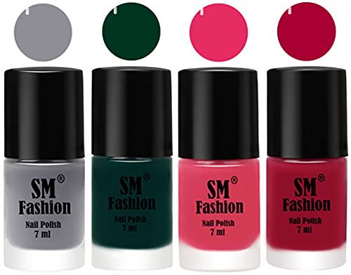 Image of Nail Polish Combo Set (Pack of 4) Quick Dry Gel Finish Nail Paint | Gray,Dark Green,Dark Rose Pink,Dark Magenta | 7 ml Each