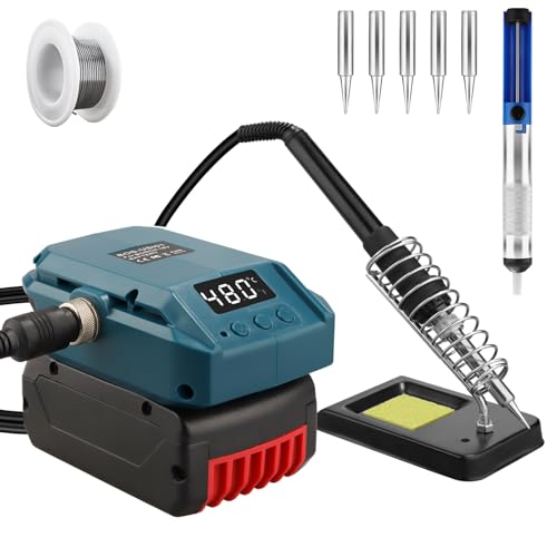 Juego de soldador inalámbrico para Bosch Professional 18 V System GBA batería, LCD de 60 W, temperatura ajustable 180-480 °C, con interruptor de encendido/apagado, varilla de succión, alambre de
