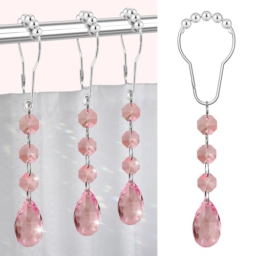 Yapicoco Shower Curtain Hooks Rings for Bathroom, 12PCS Gemstone Crystal Bead Water Drop Stainless Steel Rust Resistant Clear Shower Curtain Rings (Pink)