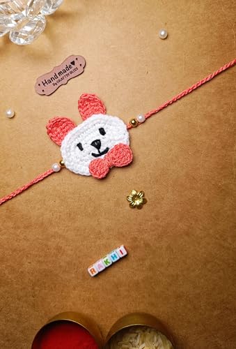 Image of Designer Bunny Bear Crochet Rakhi Made With Soft Cotton Thread | Bunny Bear Rakhi For Kids