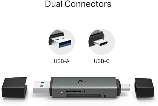 TP-Link UA430D | USB 3.0 Type-C & Type-A SD/microSD Kart Okuyucu | 5 Gbps Hız, UHS-I 200 MB/s, Çift Kart Eşzamanlı Okuma/Yazma, 2TB’a Kadar Destek, Alüminyum Gövde, Tak-Çalıştır