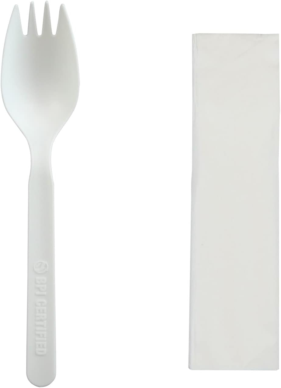 GreenWorks 5.5" Compostable CPLA Spork and Napkin (2 in 1), BPI Certified,500 Count Individually Wrapped With Compostable Wrapper