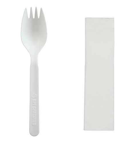 GreenWorks 5.5" Compostable CPLA Spork and Napkin (2 in 1), BPI Certified,500 Count Individually Wrapped With Compostable Wrapper
