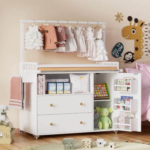 MSFE Mueble Cambiador para Bebé Con Ruedas, Tablero Ancho y Perchero, Cambiador Multifuncional Convertible en Cómoda, No incluye cojín de mesa, 136 x 100 x 48cm, Dos paquetes