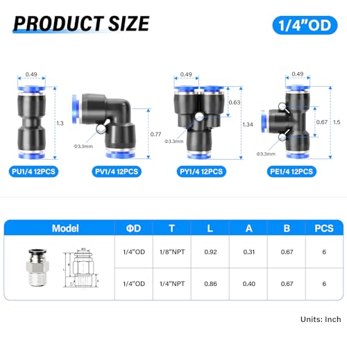 Kit de accesorios neumáticos de 1/4 con codos y uniones T rectos 3