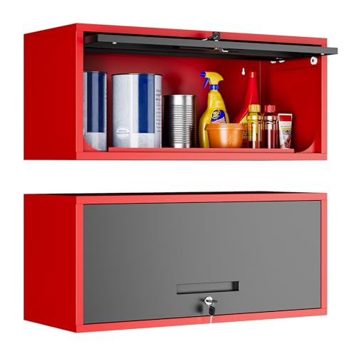 Image of Yizosh Metal Wall Cabinet with Doors, Wall Mounted Storage Cabinet, Floating Tool Cabinet for Kitchen, Basement, Warehouse (Red Black, 13.7 inch H)