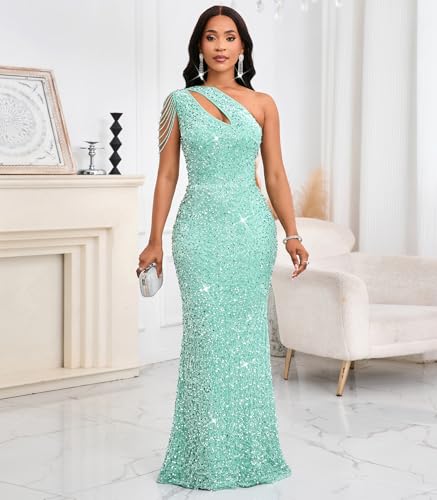 Image of Cololura Women Sequin Elegant Sexy One Shoulder Tassel Mermaid Bodycon Cocktail Evening Dress
