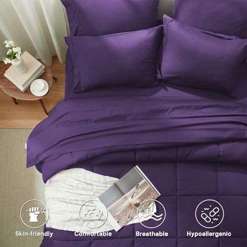Anluoer Full Comforter Set 7 Piece, Dark Purple Bed in a Bag with Sheets, Comforters Full Size Bedding Sets with 1 Comforter, 2 Pillow Shams, 2 Pillowcases, 1 Flat Sheet,1 Fitted Sheet