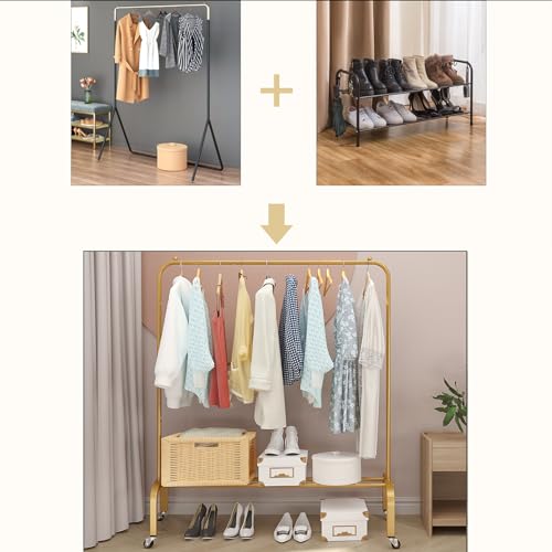 image for JIUYOTREE Metal Clothing Rack with Wheels 43.3 Inches Rolling Clothes 