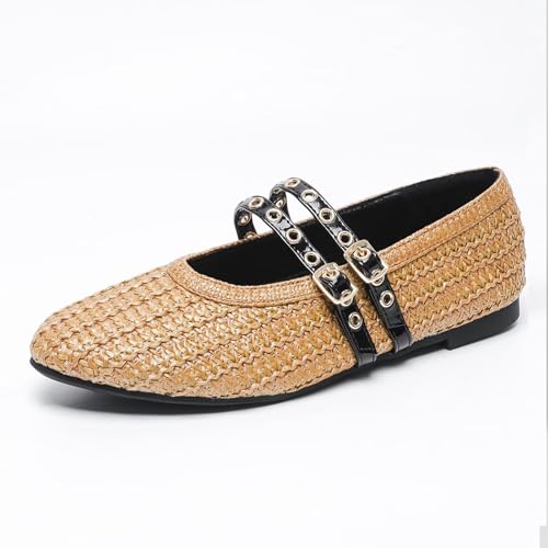 Agodor Raffia Woven Ballet Flats for Women Mesh Mary Jane Flat Round Toe Adjustable Double Buckle Strap Comfort Mesh Ballerina Shoes2