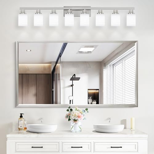 Image of 8-Light Bathroom Light Fixtures Brushed Nickel Vanity Light 52in