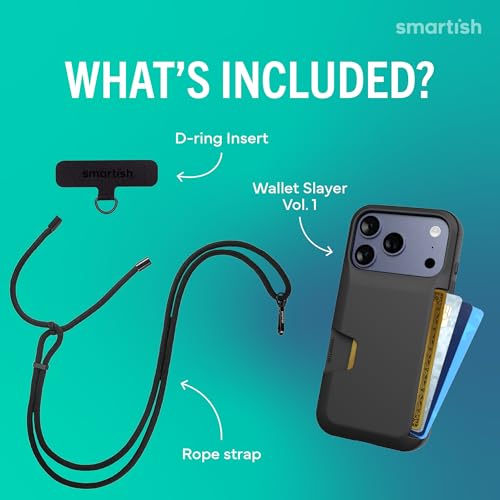 Image of Smartish iPhone 17 Pro Wallet Case + Crossbody Lanyard Strap - [Slim + Protective] Phone Case Credit Card Holder + Universal Detachable Shoulder Neck Strap for Apple iPhone 17 Pro - Black Tie Affair