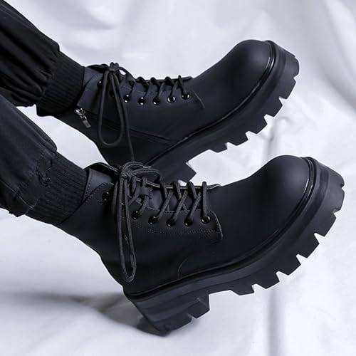CrazySavage Men's Black Leather Lace-up Platform Combat Boots Wide Toe Side Zipper Chunky Heel Lug Sole Ankle Booties Comfort High Top Waterproof Biker Boots (Black,11) by CrazySavage - Image 6