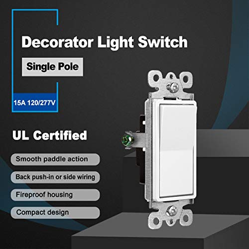 (20 Pack) Cml Decorator Single Pole Light Switch, Rocker Paddle Wall Switch, 15A 120/277V, 3-Year Warranty, White #TOP1