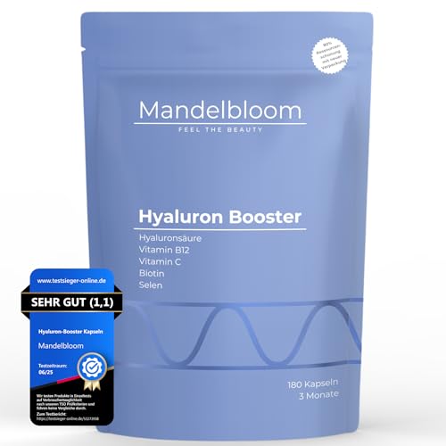 Hyaluron-Booster • Hochdosierte Hyaluronsäure Kapseln mit 500mg • 180 Stück für 3 Monate • Hohe Bioverfügbarkeit 800 kDa • mit Vitamin C, B12, Biotin, Selen • Laborgeprüft • Vegan • Made in Germany