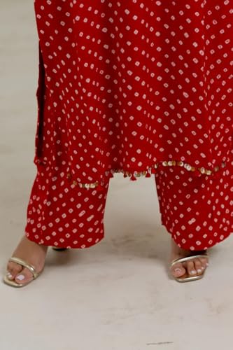 Image of LookMark Women Cotton Blend Bandhej Printed Bandhani Kurta Palazzo Set With Sequence Lace