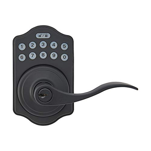 Amazon Basics Electronic Keypad, Keyless Entry Door Lock Deadbolt with Handle Set, Key Pad Front Door with Knob, Door Locks for Front Door, Door Handle, Matte Black, 1-Pack by Amazon Basics - Used condition - US$46.23