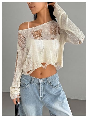 SHENHE Women's See Through Ripped Sweater Gothic Grunge Y2k Crew Neck Crop Sweater Pullover4