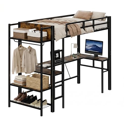 EGGREE Lit Mezzanine 90x200 cm avec Bureau en L, Prise et USB, Lit Métal avec Penderie, Étagères et Rangement à Chaussures, Lit Gain de Place pour Chambre...