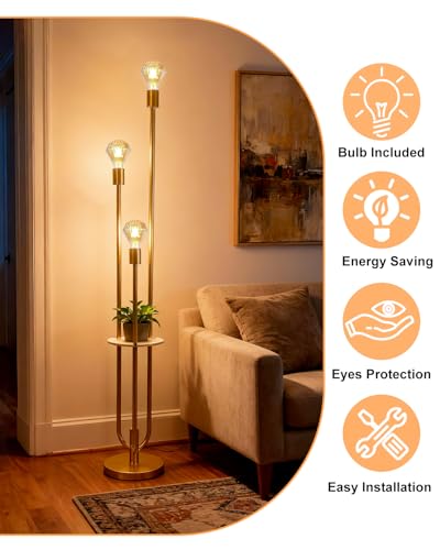 Image of Lightdot Gold Floor Lamp for Living Room Dimmable Vintage Floor Lamp with Shelf & E26 Bulbs Included Mid Century Standing Lamp Tall Lamp with 5Lbs Heavy Base for Bedroom /Sofa Beside /Corner Decor