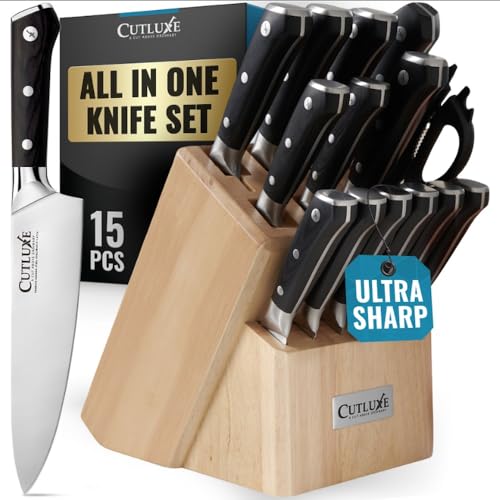Image of Cutluxe 15-Piece Knife Set - Premium Rubberwood Wood Block - Knife Set for Kitchen, Ultra Sharp High Carbon German Stainless Steel, Full Tang - Artisan Series