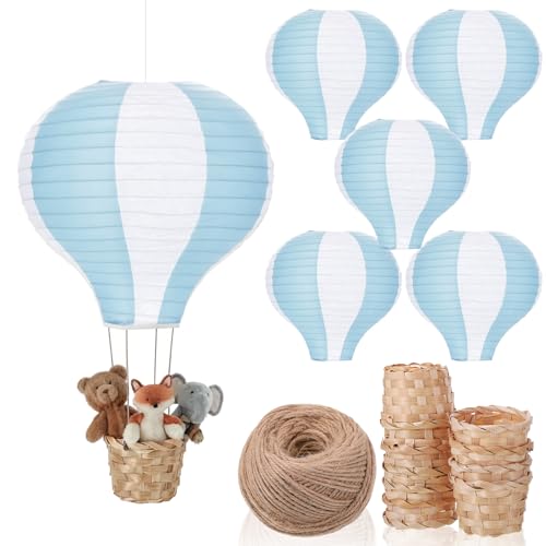 Meooeck 6 Pcs Hanging Hot Air Balloon Decorations Paper Lanterns 12 Inch Reusable Hot Air Balloon Decor Paper Lanterns Set for DIY Craft Wedding Birthday Christmas Home Living Room (Blue White)