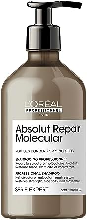 Frasco de shampoo L'Oréal Professionnel Absolut Repair Molecular 500ml com pump preto.