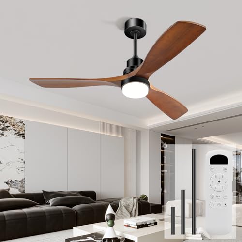 Sofucor 52 Inch Ceiling Fan with Lights and Remote, Modern Wood Ceiling Fan with 3 Blades and Downrods for Indoor Bedroom Living Room Kitchen Farmhouse Outdoor Patio Porch, Quiet DC Motor, Brown