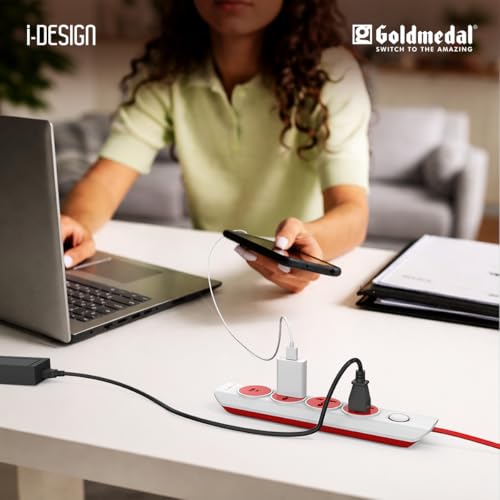 Image of Goldmedal i-Design 4-in-1 Extension Board | 30W PD Fast Charging with Dual USB (A+C) | 2 Meter | 3 Universal Sockets | Multi Plug Power Strip for MacBook, Laptop, iPhone & iPad | White