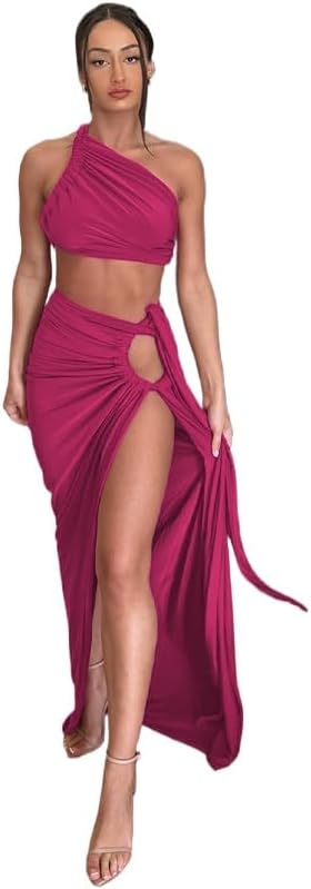 Women's 2 Piece Dress Sexy Y2k Strapless Crop Top High Slit Skirt Bodycon Maxi Long Skirt Suit Night Out Dress Sets