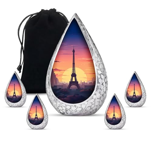 Remembrate Eiffel Tower & Sunset Scenery Large Urn for Ashes Adult Male - Cremation Urns for Human Ashes - Burial Cremains Holder - Remembrance Gift (10 Inch with 3 Inch, 4 Keepsake)