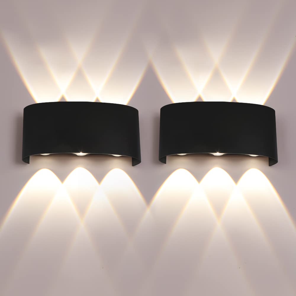 YCZM 2 Piezas Lámparas de Pared Exterior/Interior LED Aplique Pared 12W 1200LM ip65 impermeables up and down lámparas de pared de aluminio modernas que brillan arriba y abajo(Negro 3000k luz cálida)