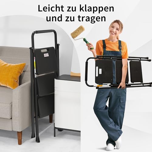 HBTower Trittleiter 3 Stufen klappbar, Leiter mit Breitem Anti-Rutsch-Pedal, Trittleiter mit Bequemer Handlauf, Tragbarer Tritthocker aus Stahl, Schwarz