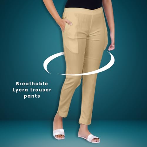 Image of Happy Bunny Cotton Blend Lycra Kurti Pants for Women, Soft 30% Stretch Full Length Trousers with Elastic Waist & Zip Pocket, Ideal for Office, Work, Casual, Home Wear Breathable Slim Fit
