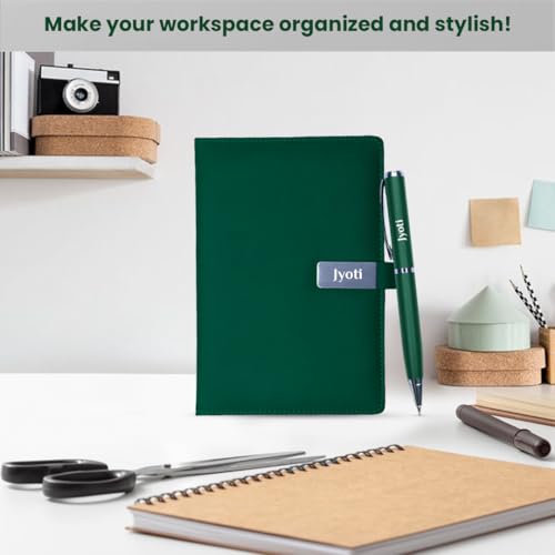 Image of Giftana Personalized Notebook Diary with Pen Gift Set for Men and Women, 2 in 1 Customized Office Diaries A5 Size Notebook, Diwali Gifts, Personalised New Year Corporate Gifts for Employees (Green Silver)