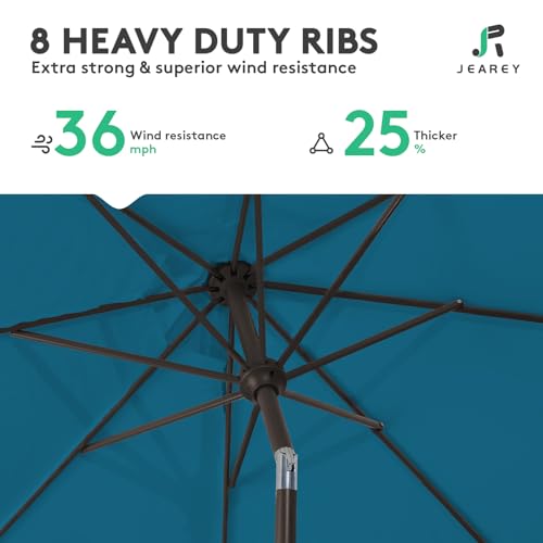 Image of JEAREY 9FT Outdoor Patio Umbrella Outdoor Table Umbrella with Push Button Tilt and Crank, Market Umbrella 8 Sturdy Ribs UV Protection Waterproof for Garden, Deck, Backyard, Pool (Lake Blue)