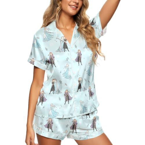 Image of Women's Satin Pajamas Set, Short-Sleeve Button Down Loungewear