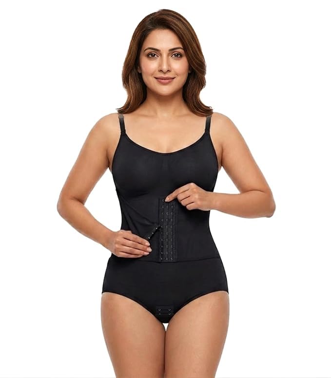 Tummy Control Full Body Shapewear for Women | Built-In Bra Support & Hook and Eye Closure | Dual-Layer High Compression Waist Trainer Bodysuit | Seamless Invisible Body Shaper (Black/Skin)-image-35