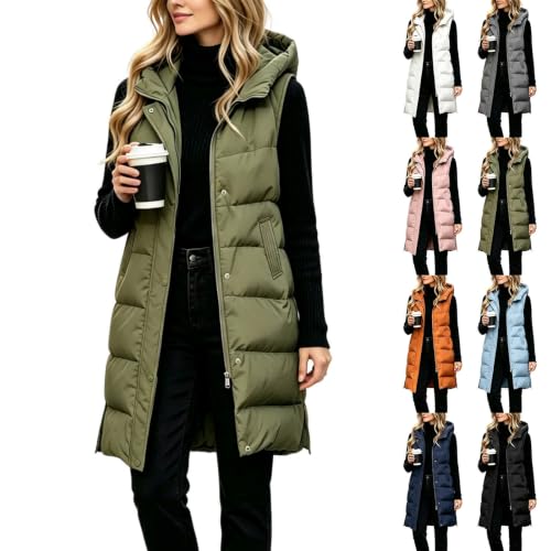 XOGWVJ Quilted Vest Long Puffer Vest Women Hooded Sleeveless Winter Vests Coat Full Zip Warm Longline Jacket with Pockets Casual Outerwear Army Green S - image 1