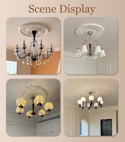 Medallón decorativo de techo floral de 40 cm en poliuretano blanco para lámparas y ventiladores 8