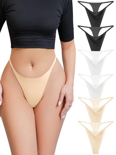Derisaly Women's Seamless Thong Invisibles Panties Reinforced Crotch Low Rise No Show Underwear Stretchy G-string Everyday (Nude-6 Pack, M)