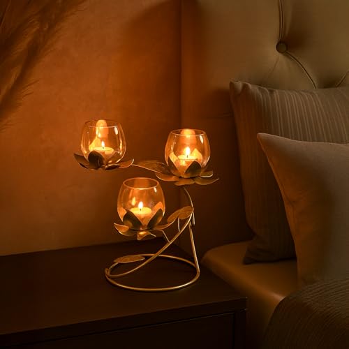Image of MARKET 99 Metal & Glass 3 Votive T-Light Holder Lotus Shape | Golden Decorative Candle Holder for Diwali, Christmas, Birthday & Wedding | Elegant Home & Living Room Decor for Festive Celebrations