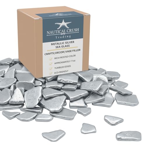 Sea Glass for Crafts – 11oz Metallic Silver Sea Glass Decor, Tumbled Seaglass, Beachglass for Crafts, Seaglass for Beach Accents, Coastal DIY Supply, Nautical Vase Filler