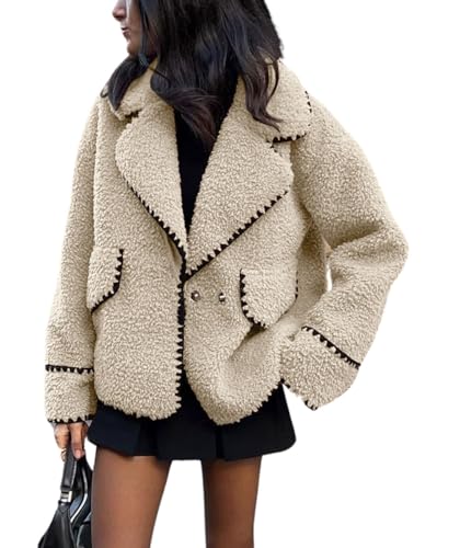 Women's Fuzzy Fleece Embroidered Jacket Notch Lapel Winter Faux Fur Sherpa Jacket Coat