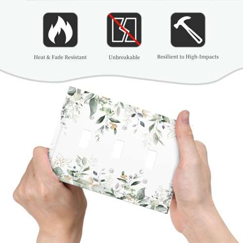 Decorative Switch Plate Covers Rustic Ink Green Eucalyptus Leaves Sage leaf 3 Gang Light Switch Cover Plate Triple Toggle Wall Plate Light Switch Covers for Country Bedroom Home Decor
